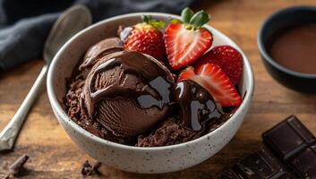 Chocolate ice cream with strawberries photo