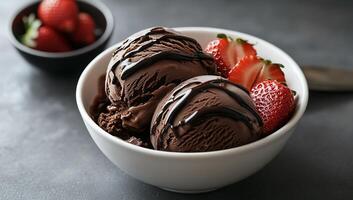 Chocolate ice cream scoops with strawberries photo