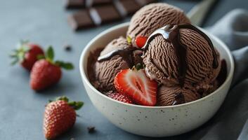 Chocolate ice cream with strawberries and chocolate chips photo