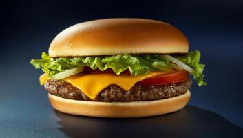 A hamburger with cheese and lettuce on a dark background photo