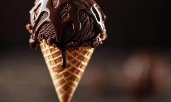 Chocolate ice cream cone dripping with rich chocolate sauce photo