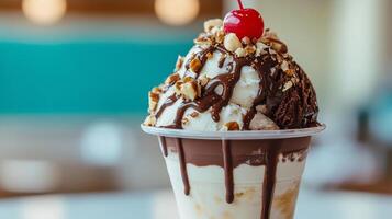 A sundae with chocolate and nuts on top photo