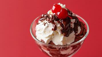 A sundae with whipped cream and chocolate topping photo