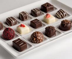 Assorted gourmet chocolates arranged on a white platter. Variety of shapes and fillings photo