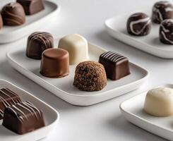 Assorted chocolates on white plates. Various shapes, colors, and textures photo