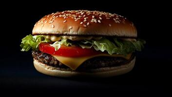 A hamburger with cheese and lettuce on a black background photo