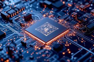 Advanced microchip on circuit board. High-tech central processing unit photo