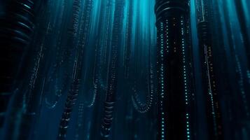 Subaquatic tech structures. Luminous columns photo