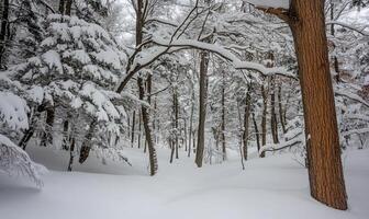 Snow-covered forest path, serene winter scene photo