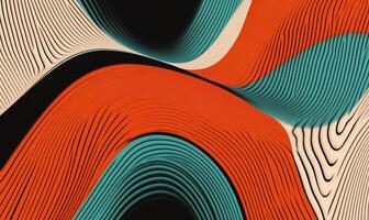 Abstract, vibrant, flowing curves in orange, teal, and beige. Intricate, layered lines create a dynamic, 3D effect photo