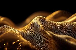 Golden, shimmering, flowing particle wave on black background photo
