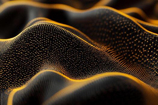 Abstract dark, undulating surface with glowing, golden particle texture photo