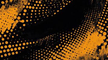 Abstract art with orange halftone dots and grunge texture on black background photo