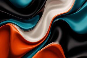 Abstract swirling fluid art in teal, orange, white, and black photo
