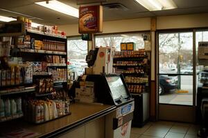 A convenience store interior with shelves stocked with various products, a counter with a register, and a view of a parking lot outside photo