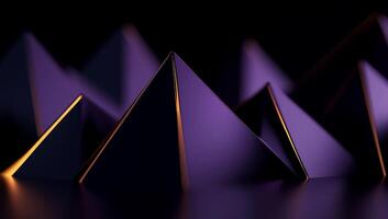 Dark purple pyramids with gold edges, abstract 3D render photo