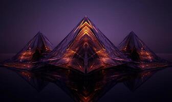 Glowing, symmetrical crystal pyramids reflect on dark surface photo