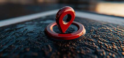 A red pin on the ground in front of a building photo