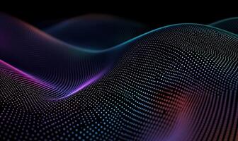 Abstract dark background with colorful glowing particles forming a wavy surface The points of light create a dynamic photo