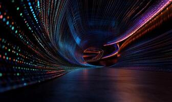 Abstract tunnel with vibrant multicolored light trails curving along walls and floor Dark futuristic setting photo