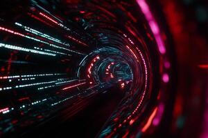 Abstract digital tunnel with vibrant red, pink, and teal glowing lines photo