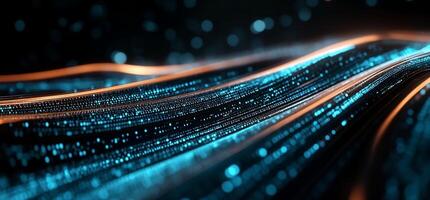 Abstract flowing data streams, glowing cyan and orange hues on dark background photo