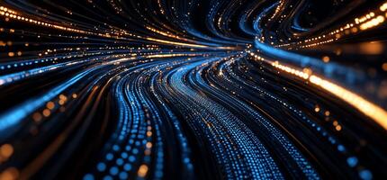 Abstract digital tunnel with glowing, swirling lines of blue and gold particles photo