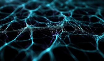 Intricate cyan web, glowing nodes, dark background photo