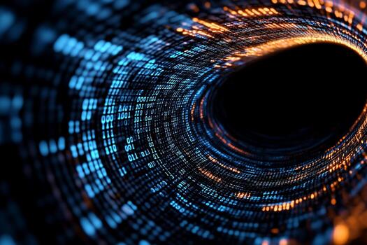 Abstract digital tunnel with swirling binary code, glowing in blue and orange photo