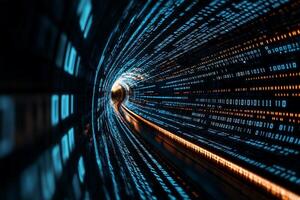 Data stream tunnel, glowing binary code photo