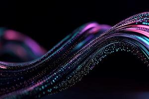Glowing, swirling strands of light, textured with particles, against a dark background photo