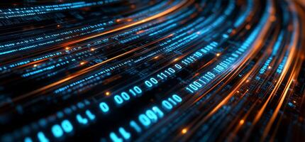 Binary code streams flowing in a curved path, glowing with blue and orange light photo