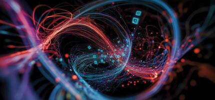 Swirling, vibrant energy streams in a dark void, punctuated by glowing particles photo