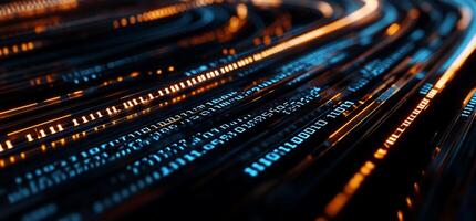 Abstract digital data streams in vibrant orange and blue hues, flowing in a curved pattern photo