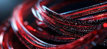 Red and black swirling strands with glowing particles photo