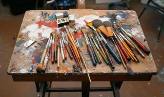 A paint-splattered easel displays an array of used paintbrushes photo