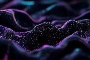 Abstract digital landscape with glowing particles and wavy lines photo