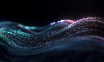Glowing particle waves undulate across dark backdrop photo