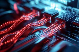 Close up of a computer motherboard with red wires photo