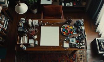 An overhead view of a desk with a painting easel, paints, and other supplies photo