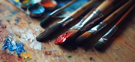Paintbrushes rest on a palette with vibrant paint photo