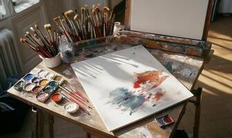 An easel with paints, brushes and a canvas photo