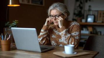 Frustrated woman looking at laptop. Concerned woman struggling with computer. Problem solving, digital difficulties. Difficulty with technology photo