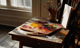 Sunlit artist's workspace with paint palette, brushes, and canvas photo
