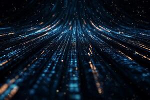 Abstract digital data stream, glowing blue and orange particles flowing towards viewer photo