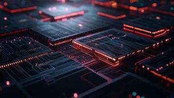 Glowing red circuit boards, intricate digital design photo