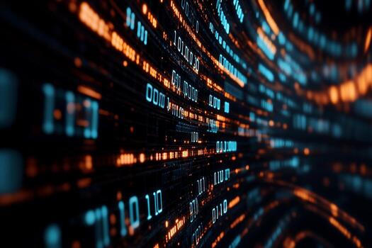 Abstract digital data stream, glowing binary code in orange and blue photo