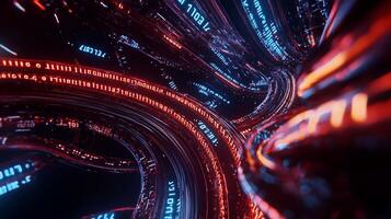 Abstract digital data streams, glowing red and blue, swirling in a complex 3D vortex photo