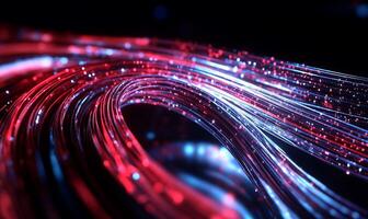 Abstract glowing red and blue fiber optic strands swirl photo