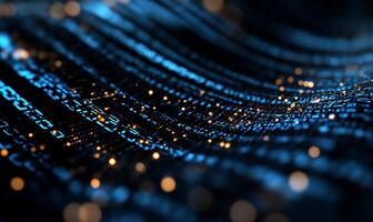 Abstract digital wave of data streams with glowing particles. Complex interwoven lines of binary code with light effects. Dynamic, futuristic, and energetic illustration photo